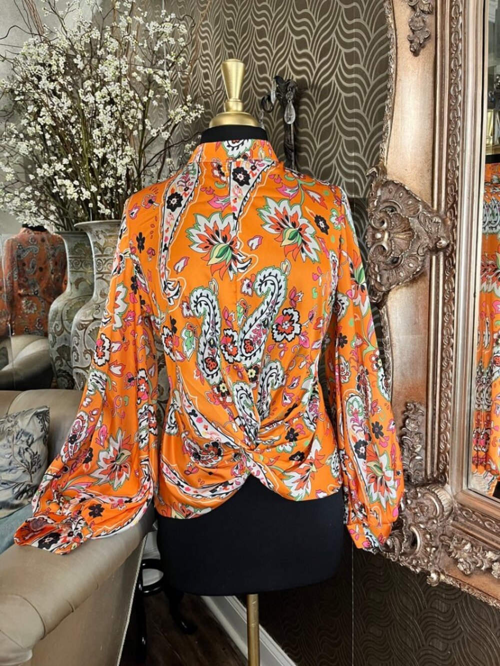 My Elina vibrant orange paisley floral print twisted front blouse